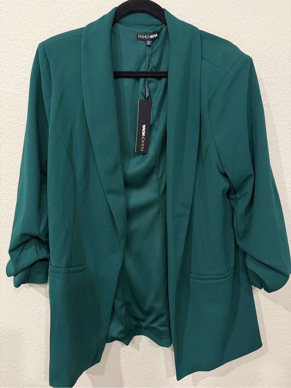 Fashion Nova The Celine Blazer Hunter Green XL NWT Ruched Sleeve Blazer